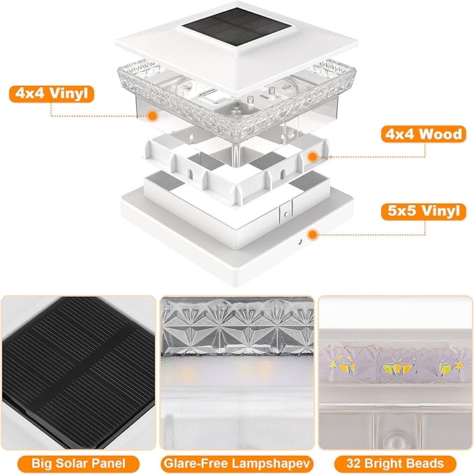 APONUO Solar Post Cap Lights for 4x4 5x5 Wood &ampVinyl Posts 3 Light Modes &amp 800mAh Battery IP65 Waterproof Rugged Unibody Solar Outdoor Lights for Fence Deck &amp Patio (White 12 Pack)