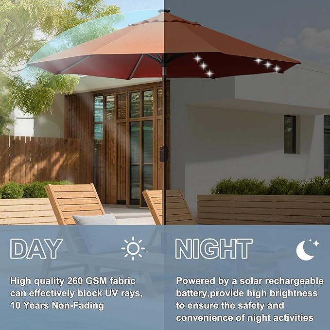 EliteShade USA 10-Year-Non-Fading 10Ft Market Umbrella with 80 LED Lights Patio Umbrella Outdoor Table Umbrella with Ventilation（Rust）