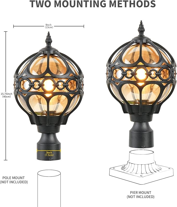 2 Pack Outdoor Globe Lamp Post Light Fixtures 15.8 Black Sphere Post Top Lantern for Patio Porch Driveway Hardwired Anti-Rust Aluminum Pillar Light with Amber Glass Fits Standard 3 Post