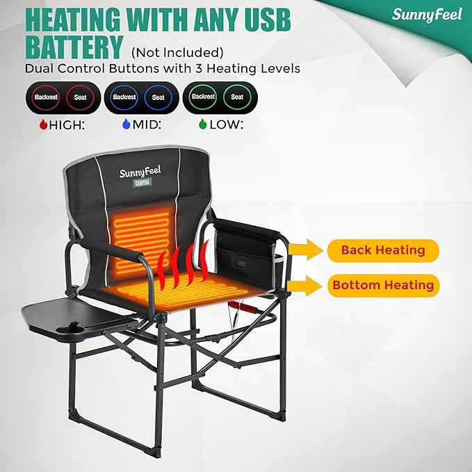 SUNNYFEEL Heated Camping Directors Chair Heavy DutyOversized Outdoor Portable Heating Folding Chair with Side Table Pocket for Beach FishingTripPicnicLawnConcert Foldable Camp Chairs