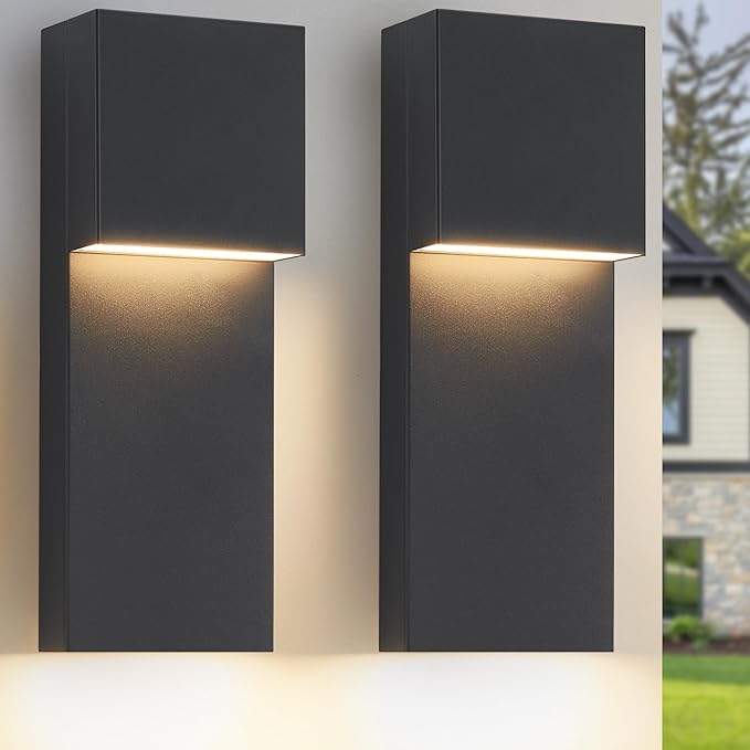 2 Pack Modern LED Outdoor Wall Sconce 15 20W 3000K 1600Lumen Outdoor Light Fixtures Wall Mount Anti-Rust Outside Lights Black Finish Outdoor Lights for House Porch Patio Garage