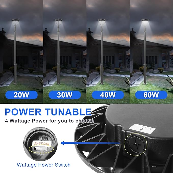 LED Post Top Light with Dusk to Dawn Photocell 20W/30W/40W/60W Wattage Selectable 3000K/4000K/5000K CCT Tunable LED Post Top Outdoor Circular Area Pole Light for Yard Pathway IP65 DLC ETL Listed