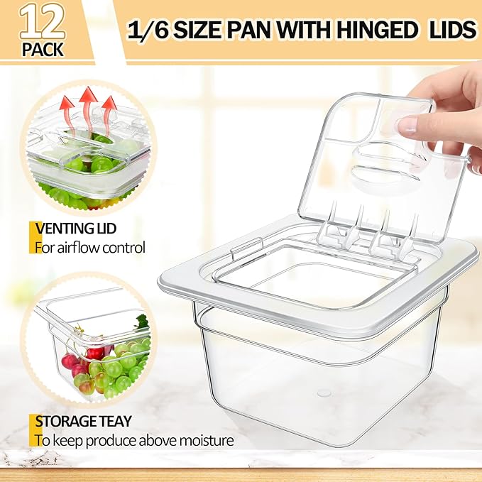 Geetery 12 Packs 4'' Deep Polycarbonate Food Pan with Lid 1/6 Size Stackable Plastic Pan Restaurant Food Storage Containers with Hinged Lids for Hotel Supplies (Clear)