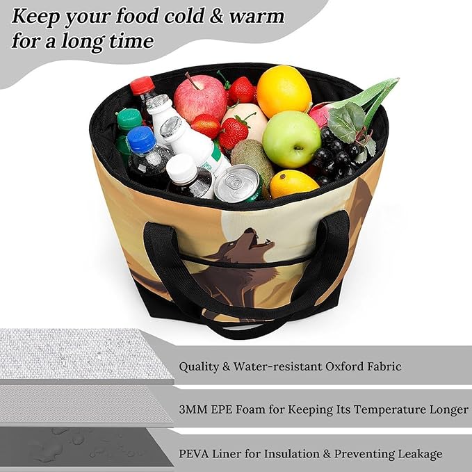 Insulated Shopping BagLarge Reusable Cooler Bags Wolf Printed Foldable Shopping BagTravel Waterproof Shoulder Bag