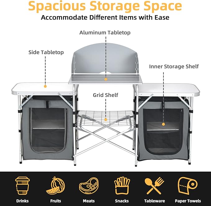 Giantex Camping Kitchen Station Folding Grill Table with 26'' Tabletop 2 Side Tables Storage Organizer Detachable Windscreen Portable Camp Cook Outdoor Prep Station Backyard BBQ Picnic (Grey)