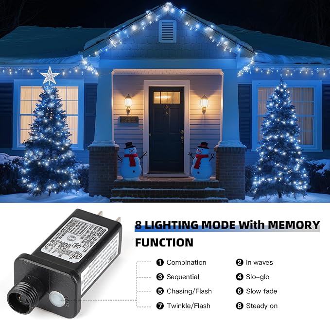XTF2015 Christmas String Lights 105ft 300 LED Christmas Lights 8 Modes Memory Function &amp Timer- UL Certified - Outdoor Indoor Christma s Fairy Lights for Tree Garden Party Wedding(Blue + White