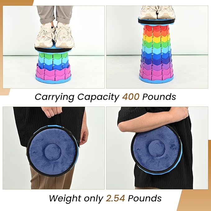 2 Pack Upgraded Collapsible Stool Folding Stool with CushionRetractable Folding Stool Max Load Capacity 400lbs Portable Telescoping Stools for Camping Hiking Outdoor BBQ Fishing-Rainbow