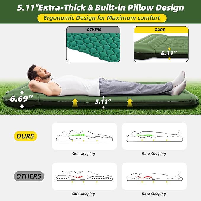 Sleeping Pad for Camping 32.68 Inch Extra Wide Inflatable Camping Mat with Pillow and Built-in Foot Pump Air Mattress 5.11 Inch Extra Thick for Tent (Army Green)