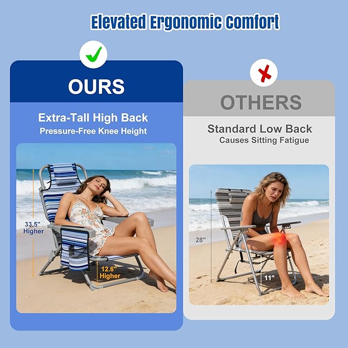 Lightweight Portable Beach Chair for Adults 350 LBS Capacity Backpack Beach Chair Reclining Beach Chair with 5-Position Lay Flat Large Cup Holder for Beach Camping Sports