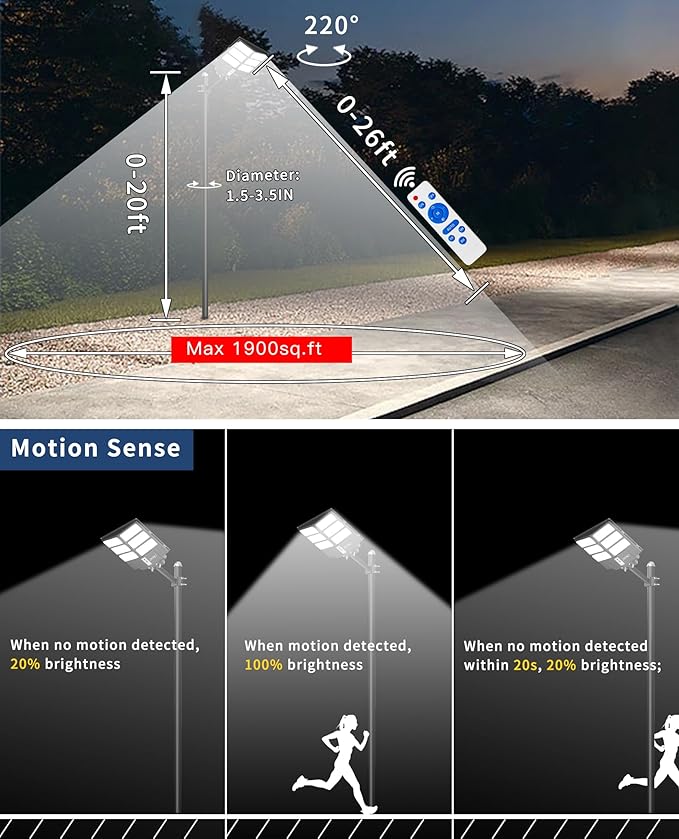 JAYNLT Y-2000W Solar Street Light 200000LM 6500K Solar Flood Lights Outdoor Dusk to Dawn 6500K IP67 Waterproof Parking lot Light Outdoor with Motion Sensor and Remote Control for Garage Road