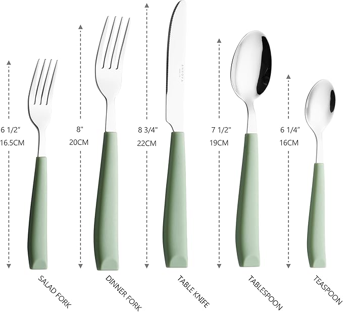 ANNOVA Silverware Set Stainless Steel Colorful Handle Tableware Kitchen Flatware Set Utensils Includes Dinner Knives Forks Spoons Salad Forks &amp Dessert Spoons (Sage Green 20 Pieces)