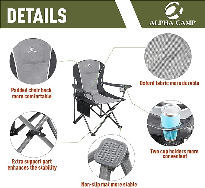 ALPHA CAMP Oversized Camping Folding Chair - Heavy Duty Steel Frame Support 350 LBS Collapsible Padded Arm With Cup Holder Quad Lumbar Back Portable for Outdoor/Indoor