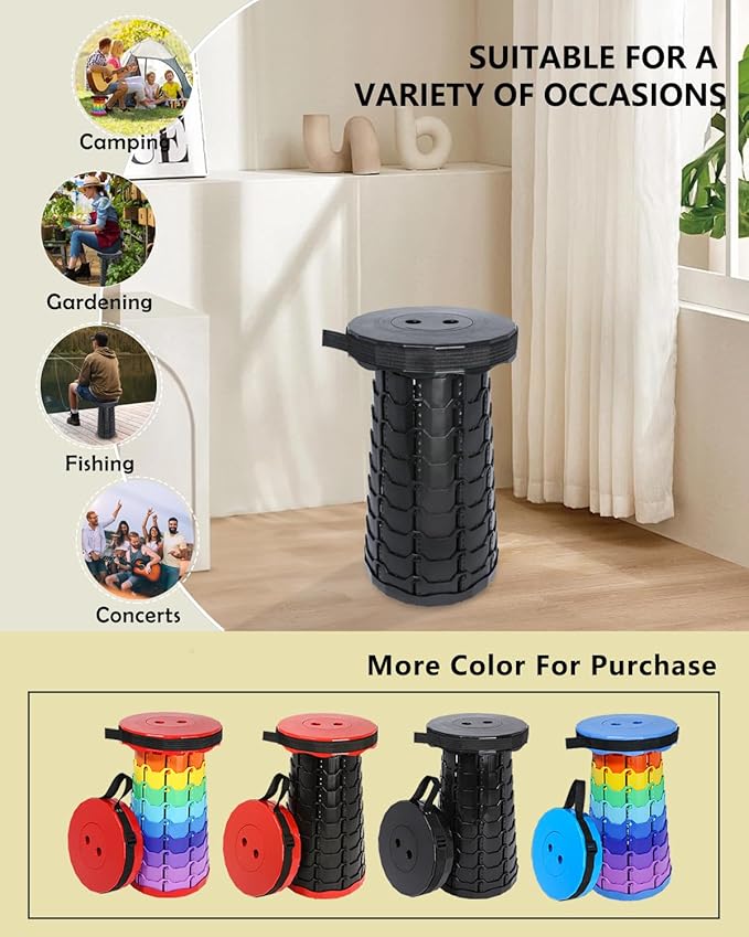 Upgraded Foldable Thickened Collapsible Stool Portable Folding Seat Adjustable Height Retractable Suitable for Fishing Hiking Camping BBQ Party Outdoor (Black)