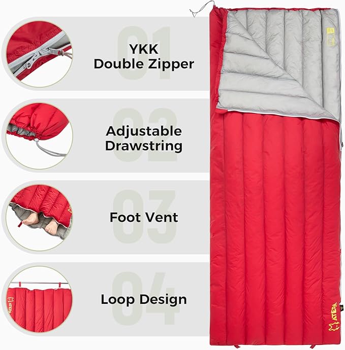 ATEPA Down Sleeping Bag 650FP Ultralight 55°F 60°F 3 Season Warm Weather 15D Nylon Shell and Compact Packable Sleeping Bag for Adults with Compression Sack for Camping Backpacking Hiking