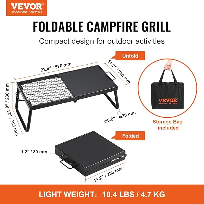 VEVOR Folding Campfire Grill Heavy Duty Steel Mesh Grate 22.4 Portable Camping Grates Over Fire Pit Camp Fire Cooking Equipment with Legs Carrying Bag Grilling Rack for Outdoor Open Flame Cooking