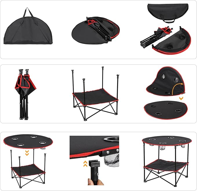 HomGarden 28 Portable Folding Picnic Table Outdoor Camp Table Round 2-Tier with 4 Cup HoldersPortable Tables Folding for BBQ Fishing Beach Table for Party Black