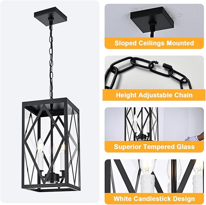 3 Lights Outdoor Pendant Light for Porch Black &amp White Exterior Hanging Light Fixture with Clear Glass Industrial Metal Cage Outside Chandelier Pendant for Porch Entryway Front Door Doorway