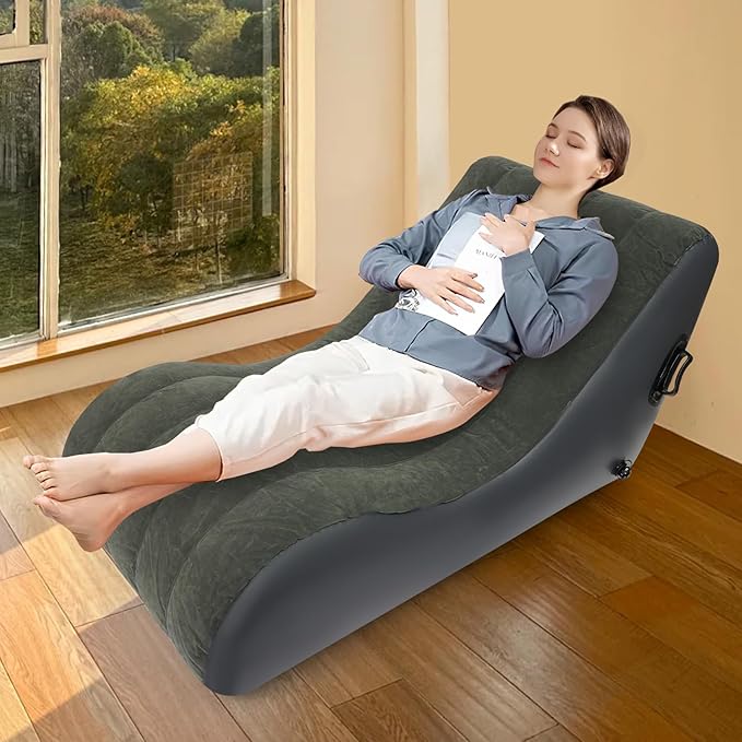 Air Mattress Bed S-Shape Inflatable Sofa with Pump Inflatable Chair Air Couch Flocked Surface Waterproof Portable Blow Up Bed for Camping Lounge Beds for Afternoon Rest (Gray)