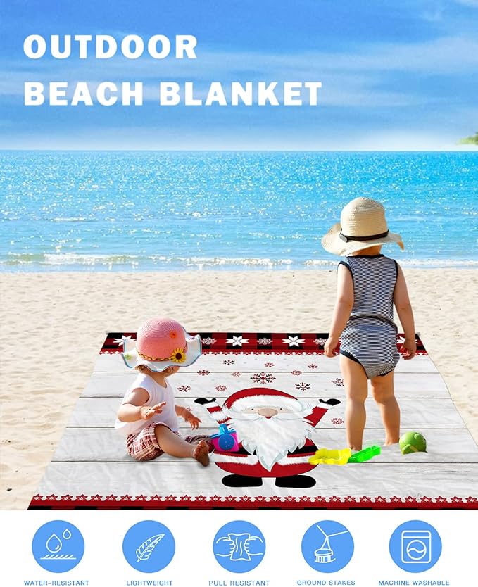 Beach Blanket Waterproof Sandproof Christmas Cute Santa Winter Snowflake Quick Drying Beach Mat with 4 Stakes Red Buffalo Grid Vintage Wooden Board Lightweight Picnic Blanket for Travel 118x108