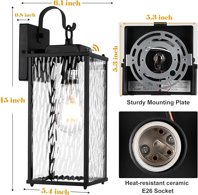 2-Pack Dusk to Dawn Outdoor Lighting with Water Ripple Glass IP65 Waterproof Matte Black Front Porch Lights Photocell Sensor Exterior Light Fixtures Outdoor Wall Sconces Coach Lights