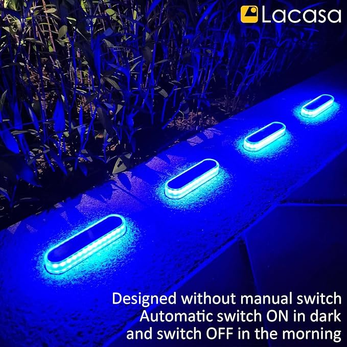 Lacasa Solar Deck Lights 4 Pack 40LM Solar Powered Step Lights Blue Light LED Dock Light Outdoor In-Ground Lights IP68 Waterproof Auto ON/Off for Garden Stairs Driveway Pathway Lighting
