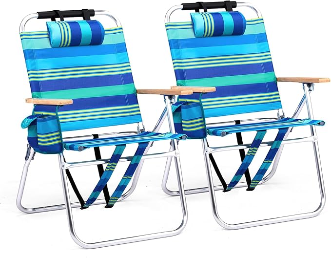 Bonnlo Lightweught 17 Backpack Beach Chair Tall Beach Chairs for Adults Portable with Adjustable Straps 3-Position Reclining Cup Holder High Beach Chairs for Beach