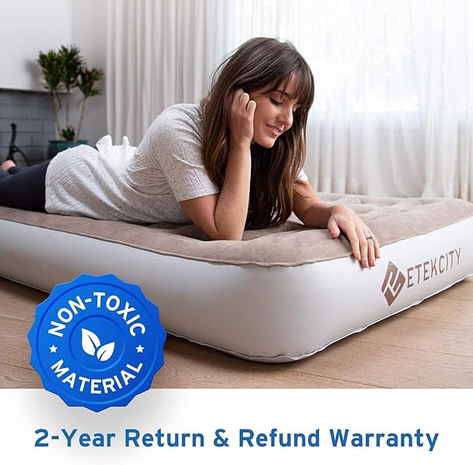 Etekcity Air Mattress Upgraded Twin Size Camping Air Bed Blow Up Bed Inflatable Mattress Raised Airbed with Rechargeable Pump for Guest Camping Hiking Height 9 Storage Bag Brown