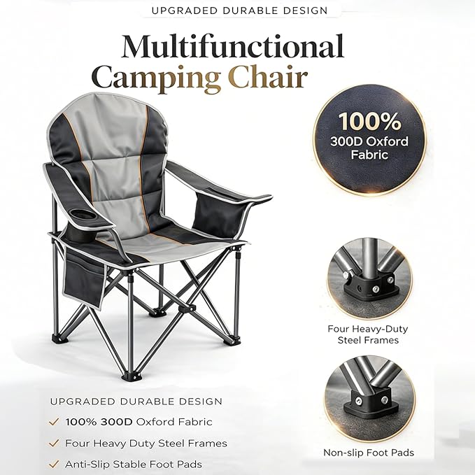 Simple Deluxe Oversized Outdoor Foldable Camping Chair with Cup Holder and Carrying Bag Camping Chair with 500lbs Capacity and Sturdy Material Suitable for Beaches Hiking and Camping Black