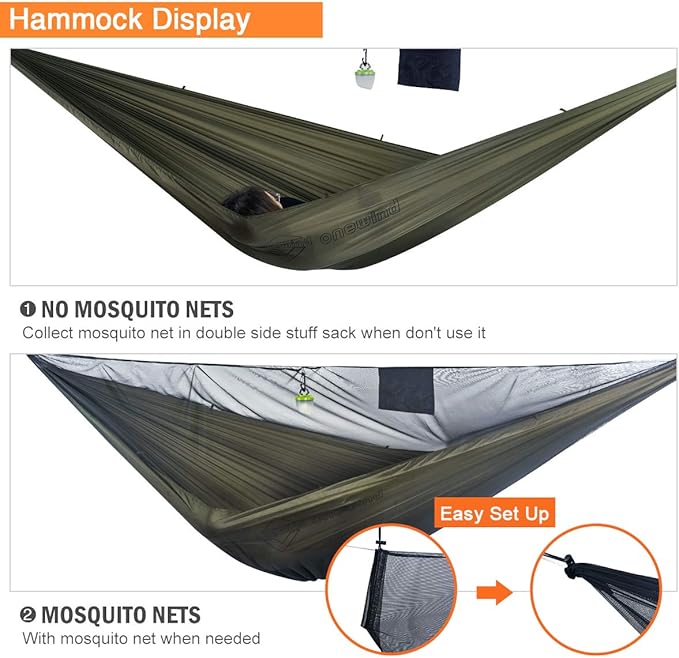 onewind 11ft Camping Hammock with Bugnet Portable Double Hammock with Mosquito Net Backpacking Hammock with Net Adjustable Ridgeline Tree Straps for Outdoor Hiking Backpacking OD Green
