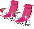 Folding Backpack Beach Chair 4 Position Portable Camping Chair with Headrest Cup Holder and Wooden Armrests (Rose 2 Packs)