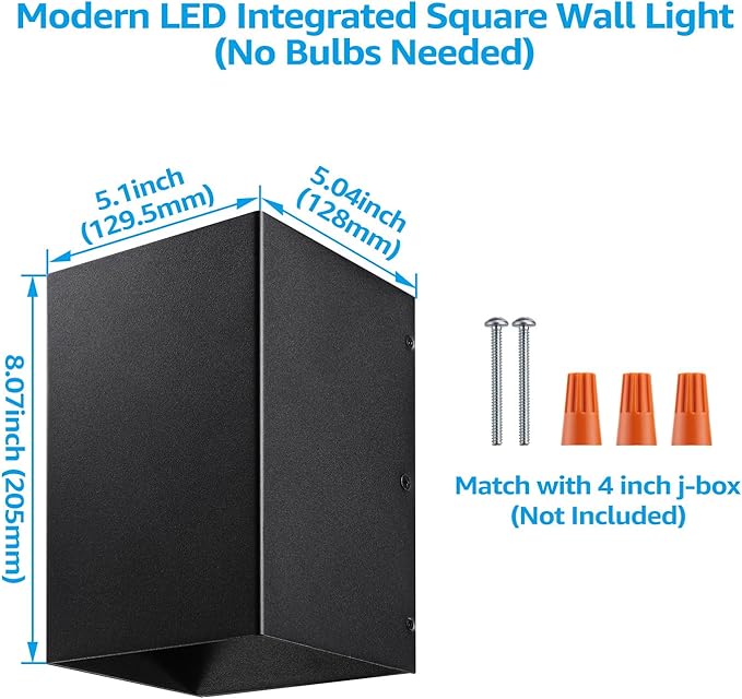 LEONLITE LED Square Up Down Wall Lights Outdoor CRI90+ 120V ETL Listed Modern Porch Light Wet Location 8.07 Inch Indoor Matte Black Wall Sconce 10W 844LM 3000K Warm White Pack of 2