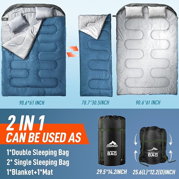 MEREZA Double Sleeping Bag for Adults Mens with Pillow XL Queen Size Two Person Sleeping Bag for All Season Camping Hiking Backpacking 2 Person Sleeping Bags for Cold Weather &amp Warm