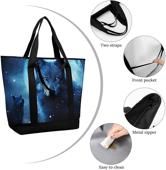 Insulated Shopping BagLarge Reusable Cooler Bags Wolfs Printed Foldable Shopping BagTravel Waterproof Shoulder Bag