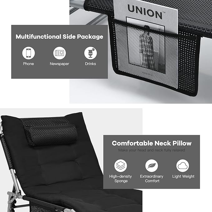 GYMAX Camping Cot 27” Lounge Chair Outdoor w/Mattress Headrest Side Pocket &amp Carry Strap 3 in 1 Folding Layout Tanning Lounger Portable Sleeping Bed for Adults Lawn Beach (2 Black)