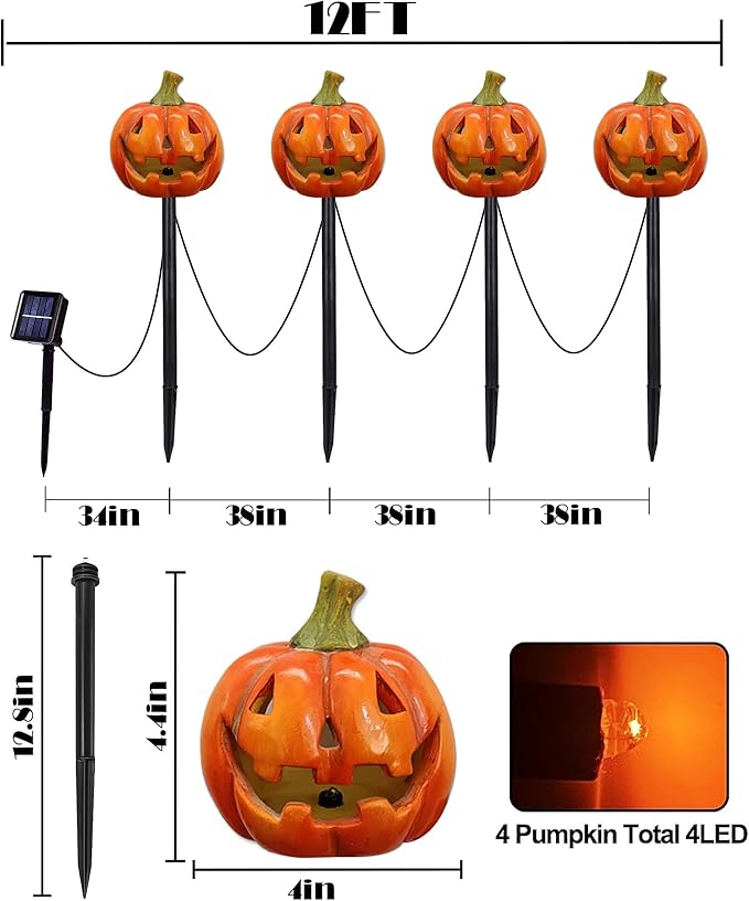 4 Pack Halloween Pumpkin Pathway Solar Lights Orange Yard Stake String Lights Halloween Outdoor Decorations Waterproof LED Pumpkin Halloween Décor Walkway Lights