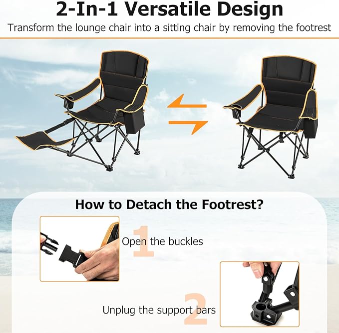 Goplus Reclining Camping Chair with Removable Footrest 2-in-1 Folding Lounge Chair w/Adjustable Backrest Storage Bag &amp Cup HolderPortable Recliner Cozy Lounge Chair for Picnic Fishing (1)