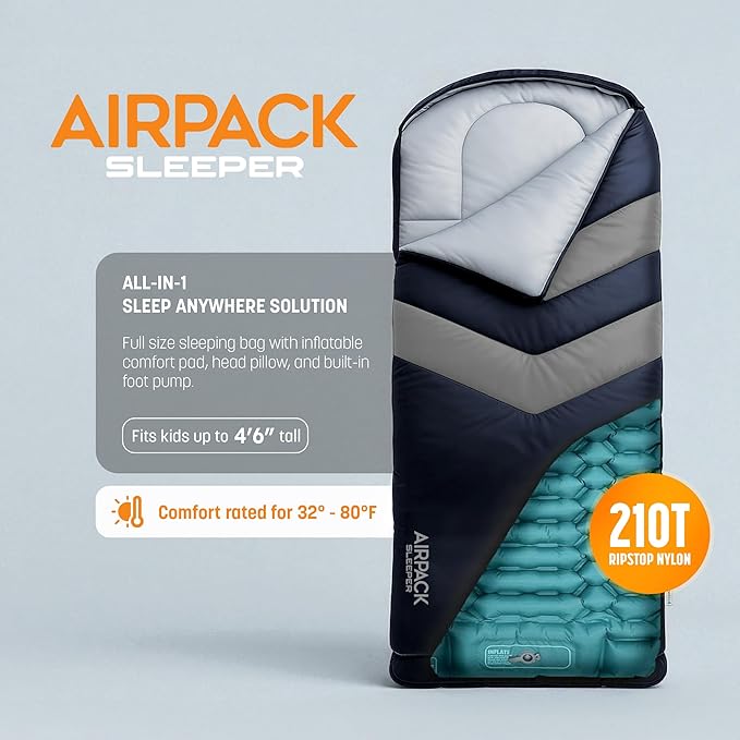Kids Sleeping Bag with Built-in Pad (Fits Up to 4'6) All-in-One Inflatable Mattress Pad with Built-in Foot Pump - for Sleepovers Camping and Travel (Blue/Gray)