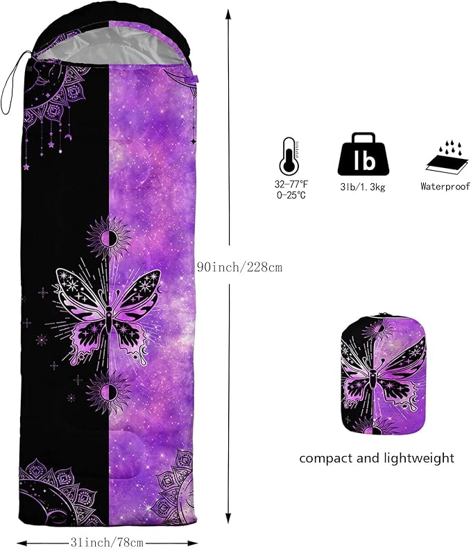 Kids Sleeping Bag for Boys GirlsBlack Purple Butterfly Print-Lightweight Warm Portable Outdoor Indoor-Waterproof Cold Weather Resistant Sleeping Bag for Camping Hiking(Butterfly1)