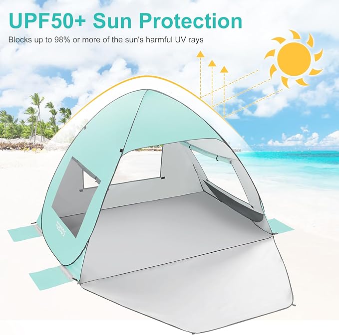 TOBTOS UPF 50+ Pop Up Beach Tent Easy Set Up Beach Umbrella Sun Shelter for 2-3 People UV Protection Portable Sunshade Baby Canopy Cabana Lightweight with Carry Bag