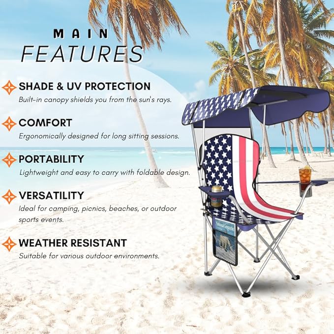Portable Folding Camping Chairs with Canopy Shade Beach Chair for Adults Durable Weather Resistant 600D Oxford Cloth Camping Chair with Canopy for Outdoors [Flag-2 Pack]
