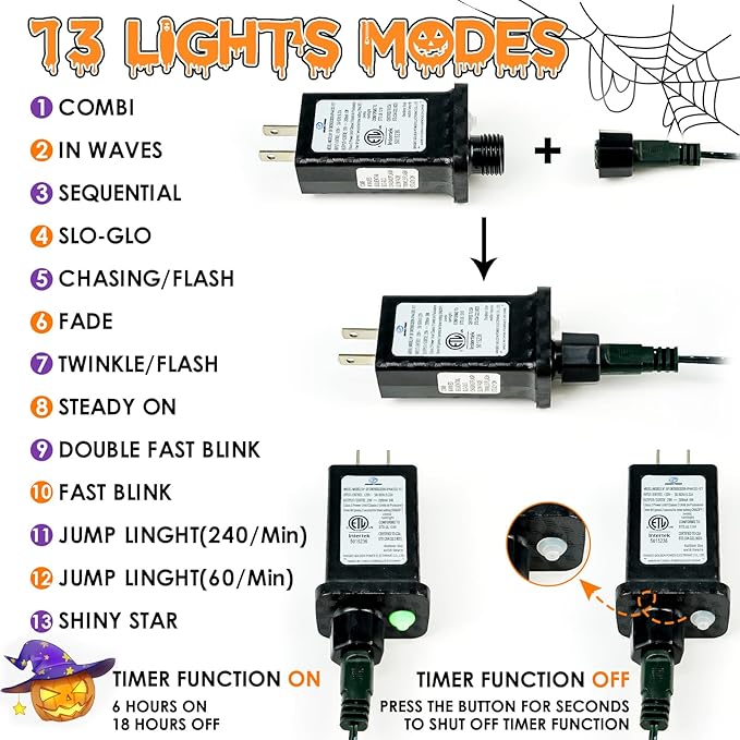 Connectable Purple and Orange Halloween Lights 2Pack 164ft 400LED 13 Modes Waterproof String Lights Plug in Twinkle Light with Timer Indoor/Outdoor for Tree Party Halloween Decorations