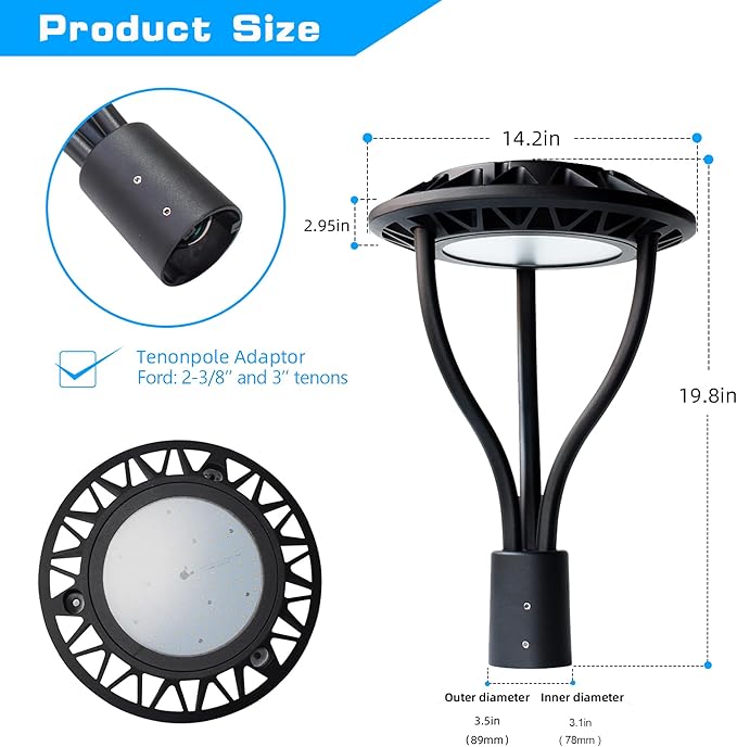 Led Post Top Light 60W Circular DLC/ETL Listed LED Street Area Post Top Outdoor IP65 Waterproof Pathway Pole Yard Light Fixture (60W)