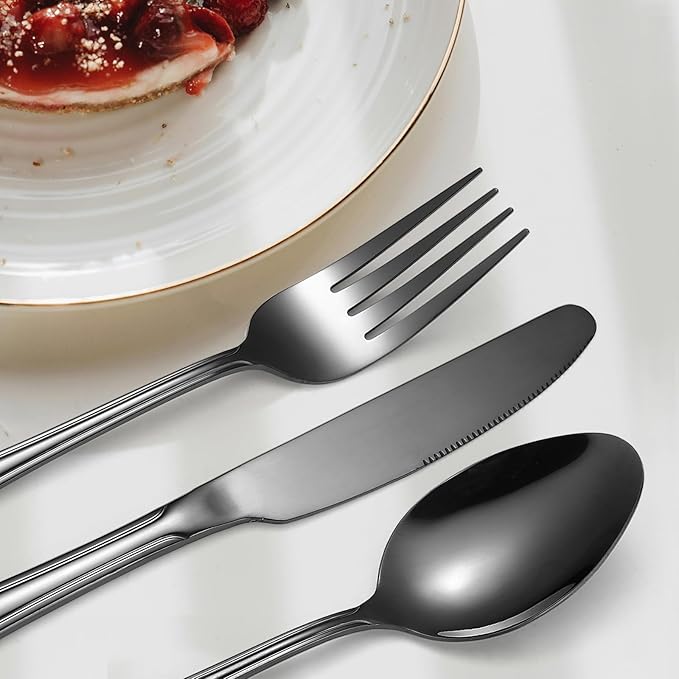20 Pieces Black Flatware Set for 4 Silverware Stainless Steel Cutlery Luxury Forks Knives Spoons Modern Eating Utensils Double Line Edges Handle