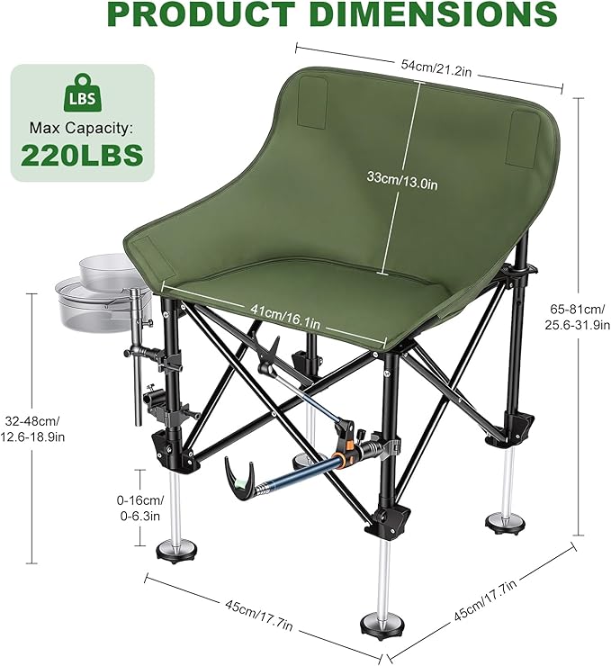 Folding Fishing Chair with Complete Accessories Portable Camping Chair for Outdoor Fishing 220LBS Load-Bearing Non-Slip All-Terrain Design with Storage Bags Carbon Steel Fishing Chair