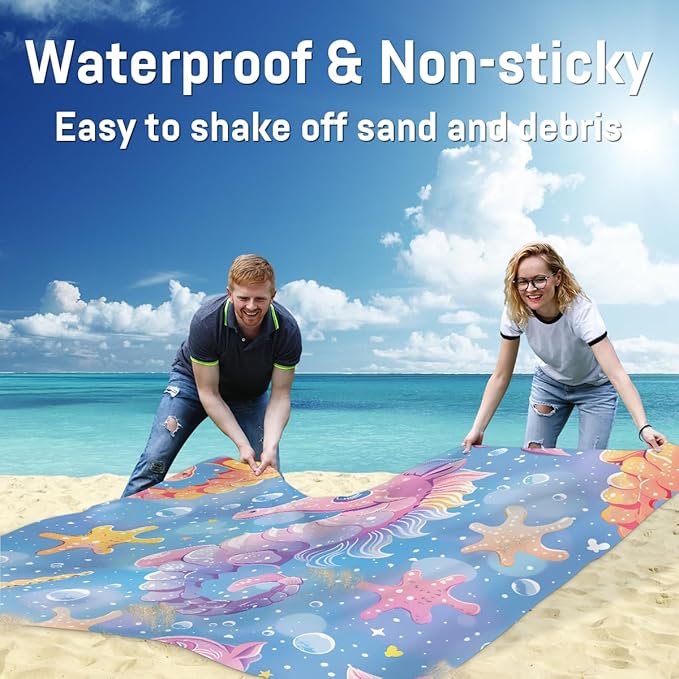 Waterproof Sandproof Beach Blanket 59''×68'' Hippocampus Polyester Outdoor Picnic Blanket with 4 Stakes &amp Storage Bag for BeachCampingVacation Blue