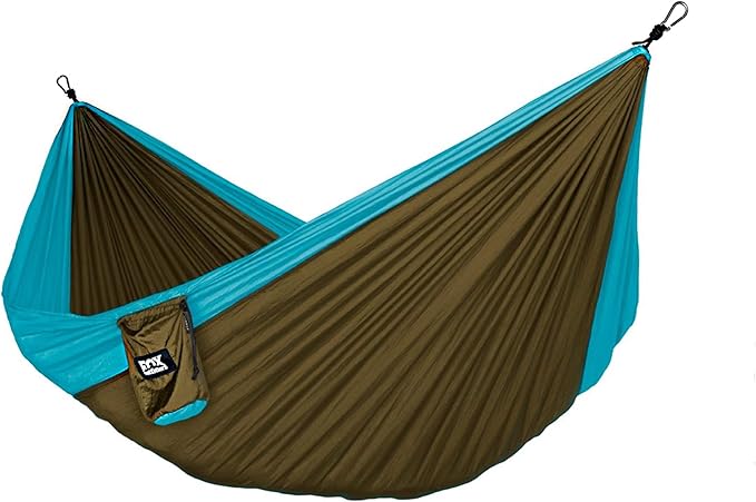 Fox Outfitters Neolite Double Camping Hammock - Lightweight Portable Nylon Parachute Hammock for Backpacking Travel Beach Yard. Hammock Straps &amp Steel Carabiners Included (Sky Blue/Bronze)