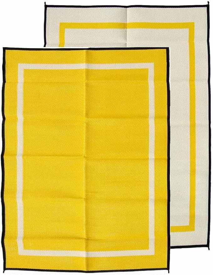 Mountain Mat 5x7 Yellow Outdoor RV Patio Mat – Extra Thick 5mm Recycled Poly Rug – Heavy-Duty Waterproof Reversible – Premium Camping Mat for Beach Deck Campsite (Yellow NO Carry Bag 5'x7')