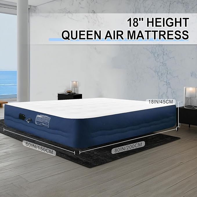 Queen Air Mattress with Built-in Rechargeable Pump 18 Raised Inflatable Bed for Camping &amp Guest 3-Min Fast Inflation Velvet Top Thickened Durable Waterproof Fabric(Blue)
