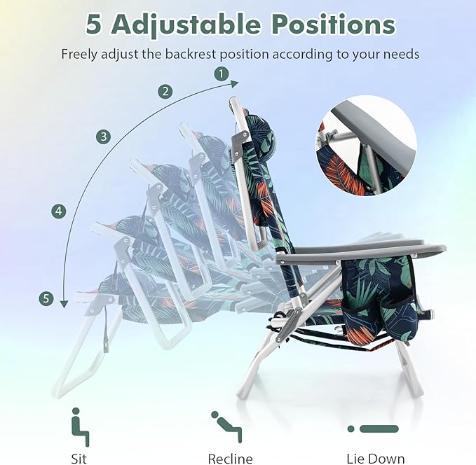 Backpack Beach Chair 5 Position Adjustable Camping Chairs with Head Pillow Cooler Bag Towel Bar Cup Holders Portable 2-Pack Folding Beach Chairs for Adults (Without Table Floral Pattern)