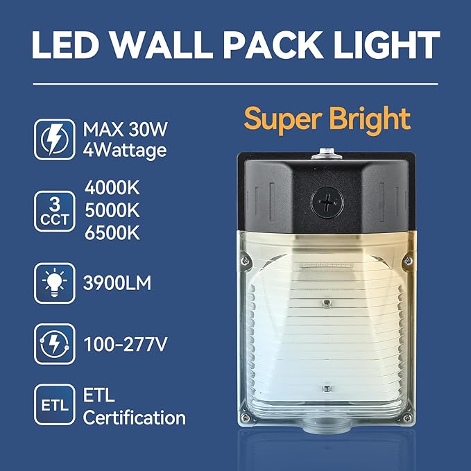 30W LED Wall Pack Light with Dusk to Dawn Photocell 4Pack 3CCT 4000/5000/6500K 15/20/25/30W Selectable LED Wall Lights Outdoor Security Lighting for House Garage Yard Garden 100-277VAC ETL Listed